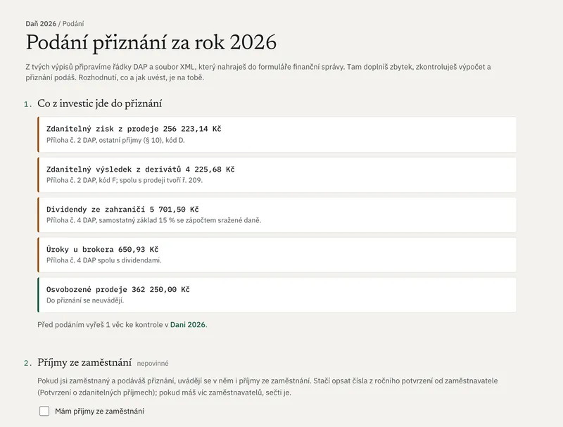 Podání přiznání: zdanitelný zisk z prodejů, výsledek z derivátů, dividendy a úroky s řádky DAP
