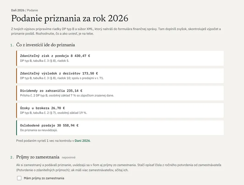 Podanie priznania: zdaniteľný zisk z predajov, výsledok z derivátov, dividendy a úroky s riadkami DP typ B